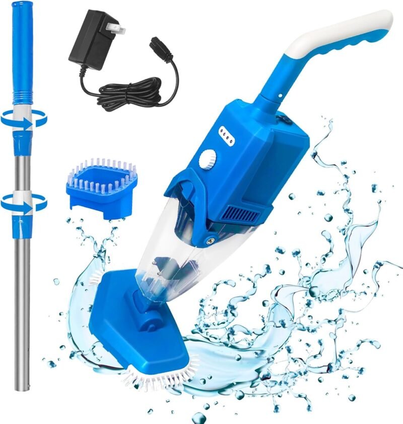 PoolyPoly Aspirador de Piscina Inalámbrica con Succión Fuerte, Limpiafondos Piscina a Bateria con Mango Telescópico, 1,5Litros de Filtro, Aspiradora Manual para Jacuzzi, SPA, Piscina, Azul