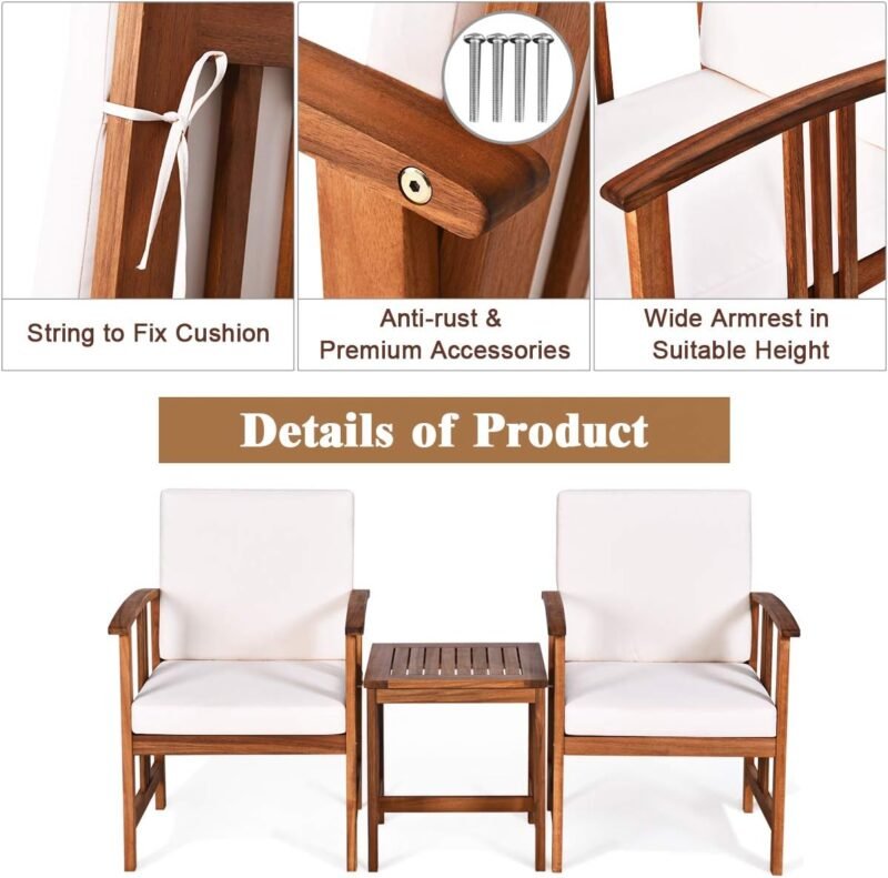 Tangkula 3 Pieces Patio Furniture Set, Includes Set of 2 Outdoor Acacia Wood Cushioned Chairs and Coffee Table, for Garden, Backyard, Poolside, Bistro and Deck, Patio Conversation Chat Set (White) - Imagen 7