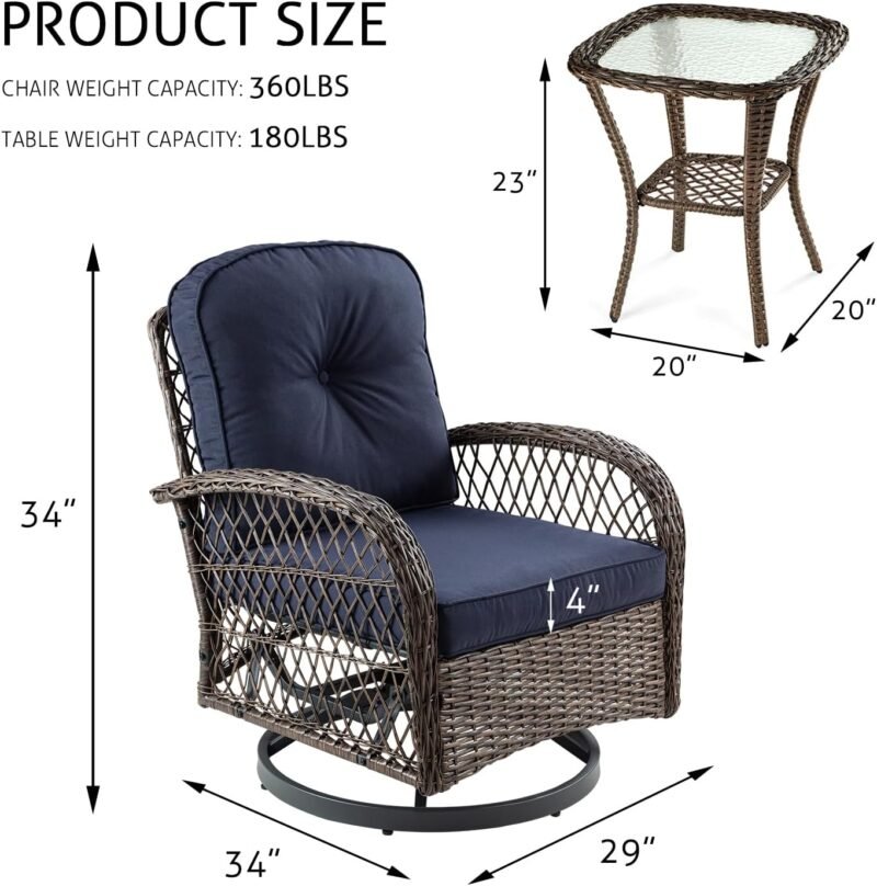 SHA CERLIN 3 Pieces Patio Furniture Set, Outdoor Swivel Glider Rocker, Wicker Patio Bistro Set with Rocking Chair, Cushions and Table (Blue) - Imagen 2