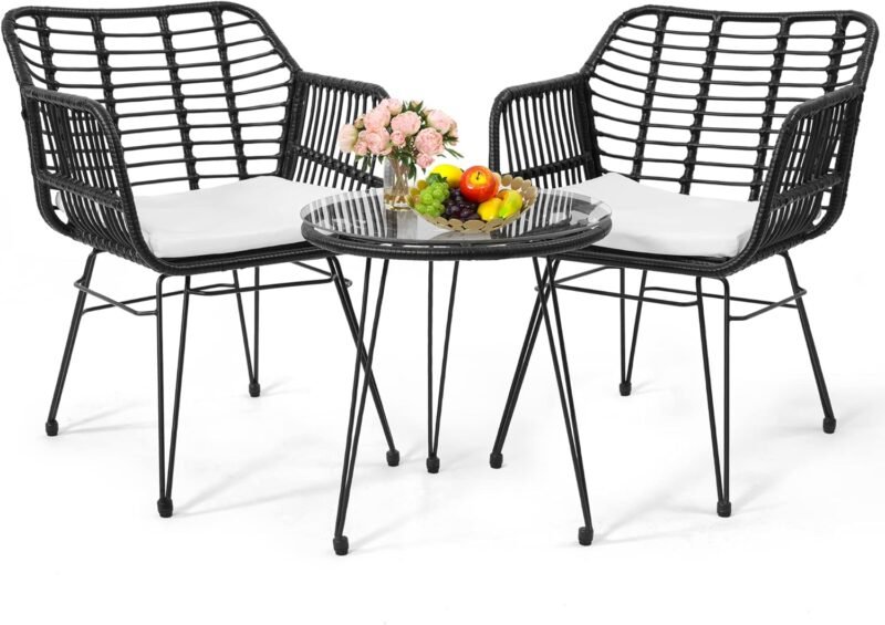 3 Pieces Wicker Patio Bistro Furniture Set, Includes 2 Chairs and Glass Top Table, Ideal for Porch, Outdoor, Backyard, Apartment, Balcony Black Color