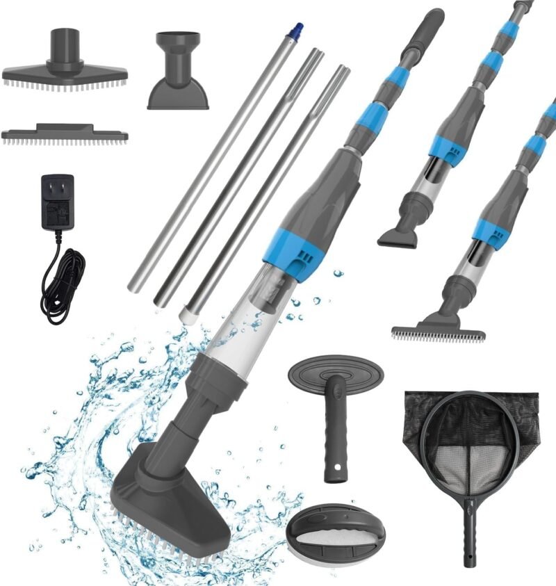 PoolyPoly Aspirador de Piscina Inalámbrico con Batería Recargable, Kit de Limpiafondos de Piscina con Skimmer, Cepillo, Estropajo, Aspirador Manual para SPA, Jacuzzi, Piscina Pequeña, Gris