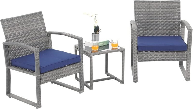 Patiorama 3 Pieces Outdoor Patio Furniture Set, Outdoor Wicker Conversation Set, Patio Rattan Chair Set, Modern Bistro Set with Coffee Table, Garden Balcony Backyard Poolside (Navy Blue)