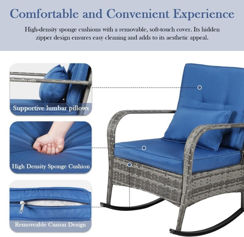 3 Pieces Patio PE Rattan Conversation Chair Set, Outdoor Furniture Rocking Chair Set with Water-Proof Cushion&Coffee Table for Garden,Backyard and Porch (Dark Blue) - Imagen 3