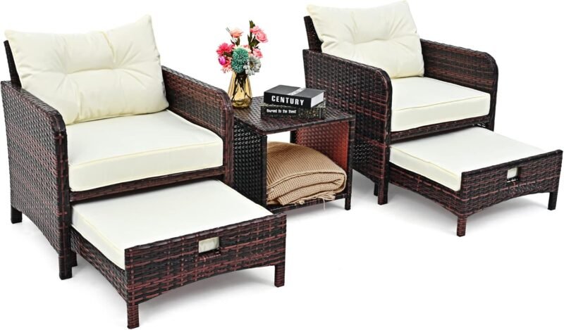 Pamapic 5 Pieces Wicker Patio Furniture Set Outdoor Patio Chairs with Ottomans Conversation Furniture with coffetable for Poolside Garden Balcony(Beige) - Imagen 2