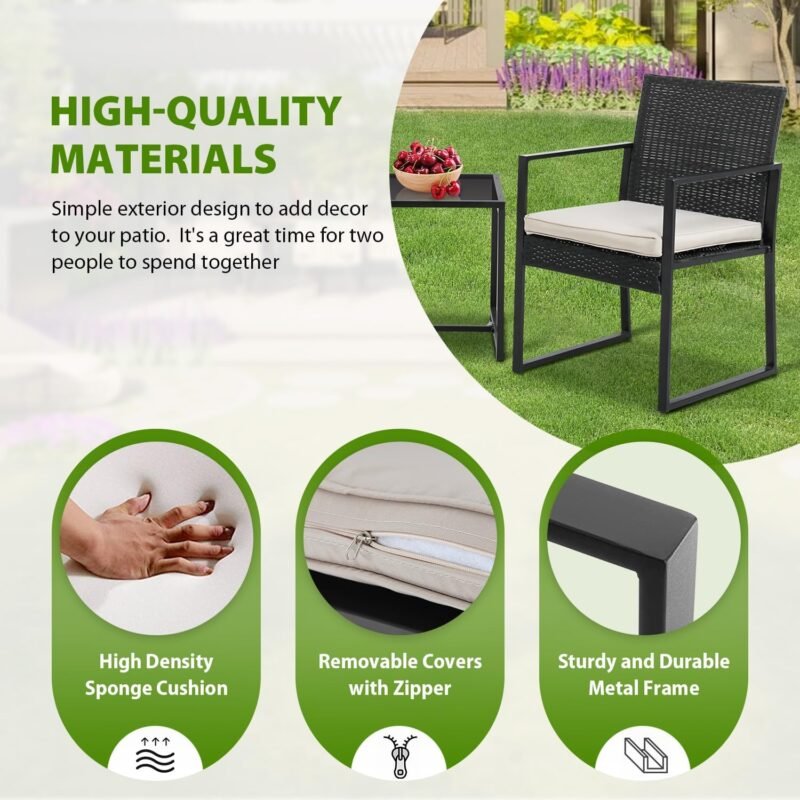PayLessHere 3-Piece Rattan Wicker Bistro Set Outdoor Conversation Set Sturdy Frame Wicker Furniture with 2 Chairs Cushions Tempered Glass Table for Poolside Balcony Patio Bar Garden (Khaki) - Imagen 6