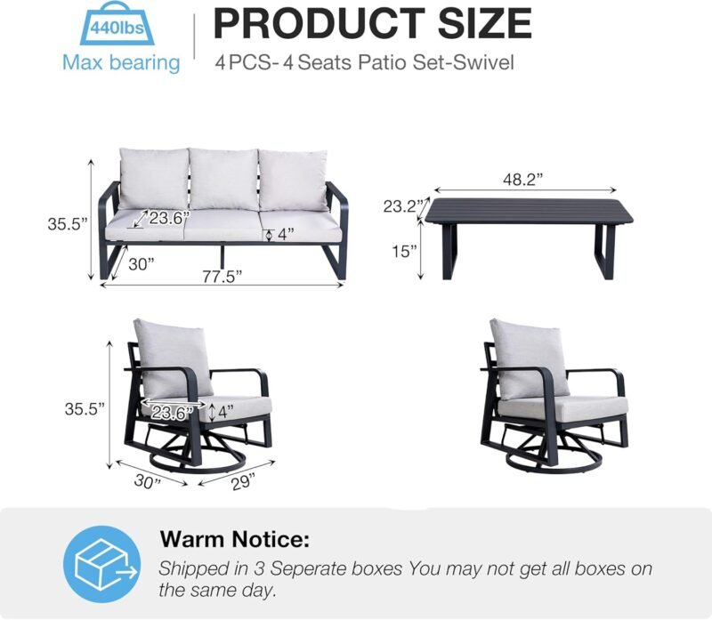 Outdoor Aluminum Patio Furniture Set 4 Piece, Swivel Rocking Chairs, All Weather Outdoor Aluminum Sofa, Patio Bistro Set for Patio, Porch, Deck(Silver Gray) - Imagen 2