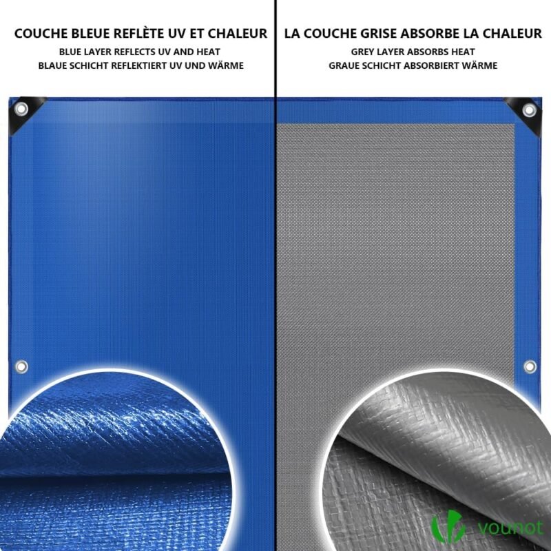 VOUNOT Lona para Piscina Rectangular 14 x 8 m, Cubierta Protectora PE de 160 g/m² con Red Central de Drenaje, Funda de Piscinas Anti-UV con Ojales Cada 100 cm, Azul-Gris - Imagen 5