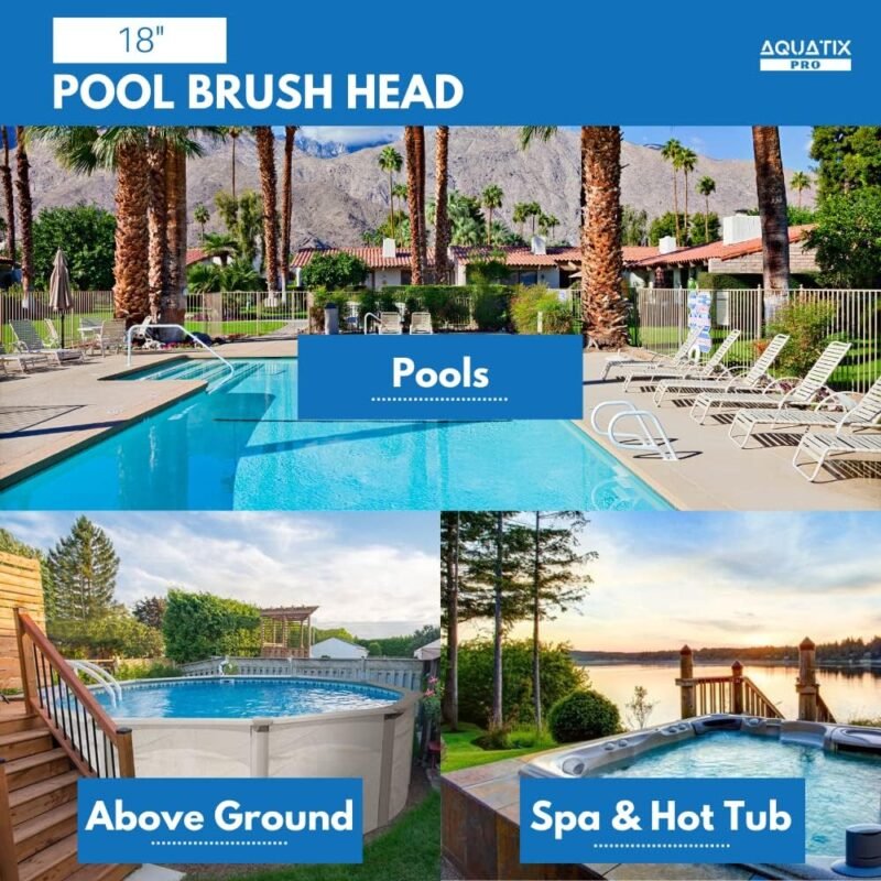 Cabezal de cepillo para piscina Premium, 45 cm, aluminio, cepillo de limpieza por Aquatix Pro con Clips EZ, para paredes, azulejos y suelos, diseño elegante y cerdas resistentes - Imagen 7