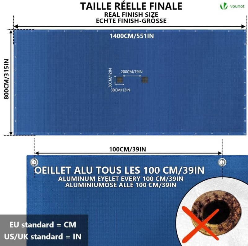 VOUNOT Lona para Piscina Rectangular 14 x 8 m, Cubierta Protectora PE de 160 g/m² con Red Central de Drenaje, Funda de Piscinas Anti-UV con Ojales Cada 100 cm, Azul-Gris - Imagen 6