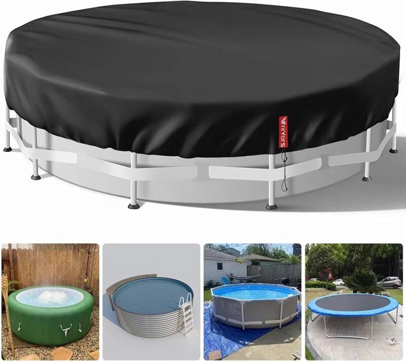 VniYors Cobertor Piscina 550,Tarea Pesada 210D Lona Piscina, Cubre Piscinas Redondas Resistente Al Agua, Al Polvo Y Al Desgarro con CordóN Y Clavos De Tierra（550cm）- Negro