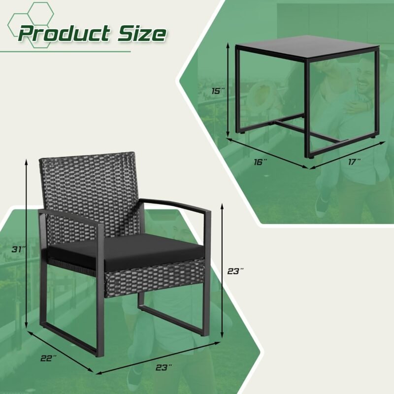 Homall Balcony 3 Piece Furniture Table Garden Backyard Outdoor Patio Use Porch Chairs Cushioned PE Wicker Bistro Set Rattan (Black) - Imagen 7