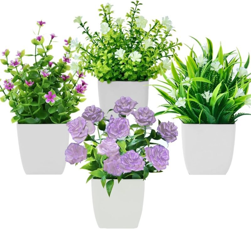 Bafenli 4 Piezas Mini Plantas Artificiales con Macetas Pequeño Plantas Falsas con Flores para Mesa Oficina Mesa Sala Baño Decoración Interior