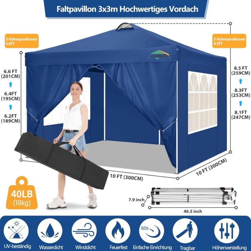 COBIZI Carpa de Jardín de 3x3m Plegable, Cenador Robusto Impermeable, Garden Tent 3x3 Resistente al Agua con 6 Paredes Laterales para Reception,Fiestas, Exterior, Cerveza,Reception,Azul Marino - Imagen 5