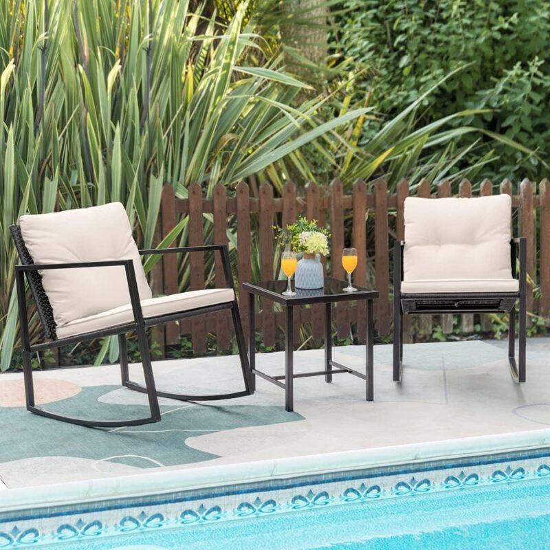 Greesum 3 Pieces Rocking Wicker Bistro Set, Patio Outdoor Furniture Conversation Sets with Porch Chairs and Glass Coffee Table, Beige - Imagen 2