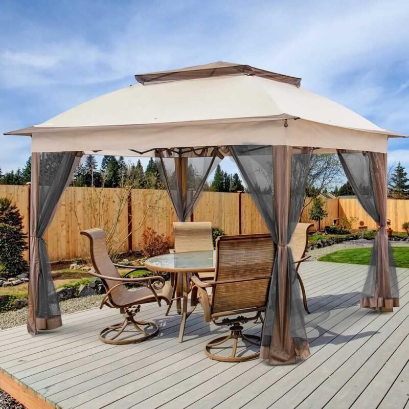 BAKAJI Gazebo de 3 x 3 Metros Plegable con mosquiteras de Tela de poliéster Impermeable, Estructura de Metal Plegable para acordeón, Carpa portátil, Feria, Mercado de jardín, Exterior, Funda Beige - Imagen 3