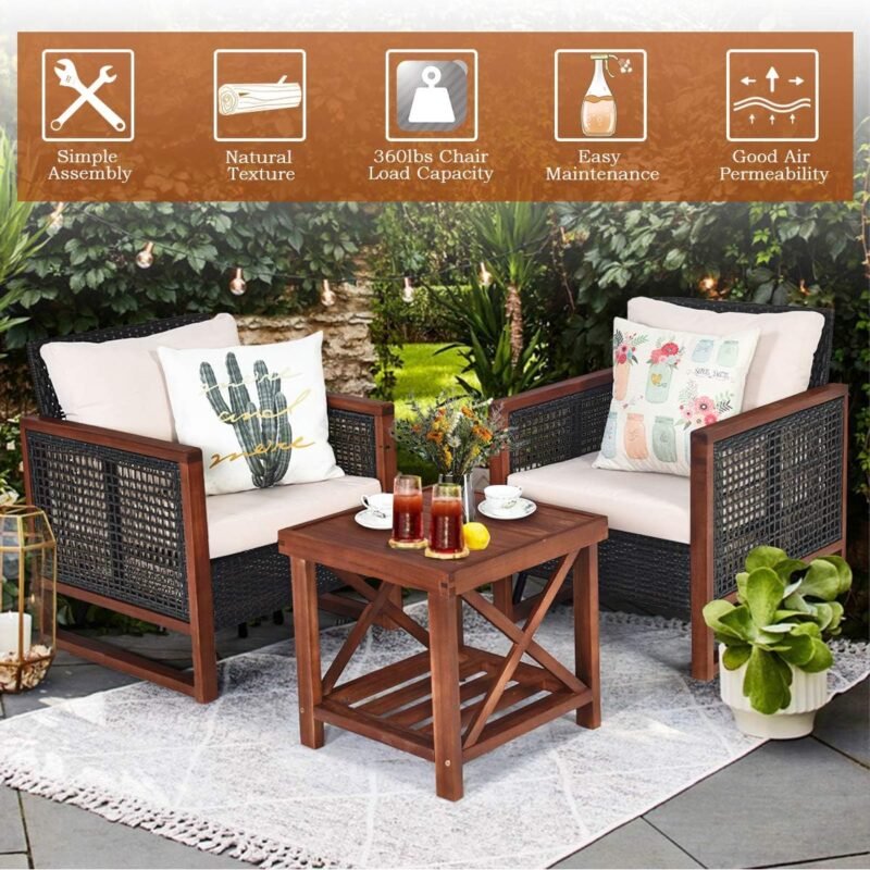 Tangkula 3 Pieces Patio Wicker Furniture Set, Rattan Outdoor Sofa Set w/Washable Cushion & Acacia Wood Coffee Table, Conversation Bistro Set for Garden Balcony Backyard (Beige) - Imagen 7
