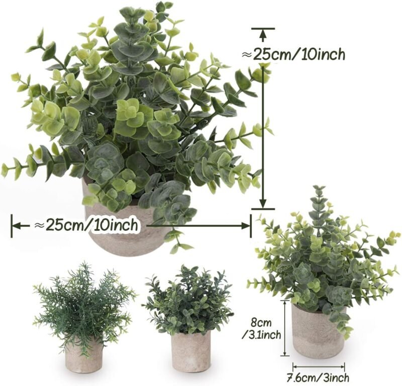 ilauke 3 Mini Plantas Artificiales Decorativas en Maceta de Eucalipto de Plástico, Plantas de Romero Sintético para Hogar, Jardín, Oficina, Balcón, Ventana, Escritorio, Decoración de Habitación - Imagen 2