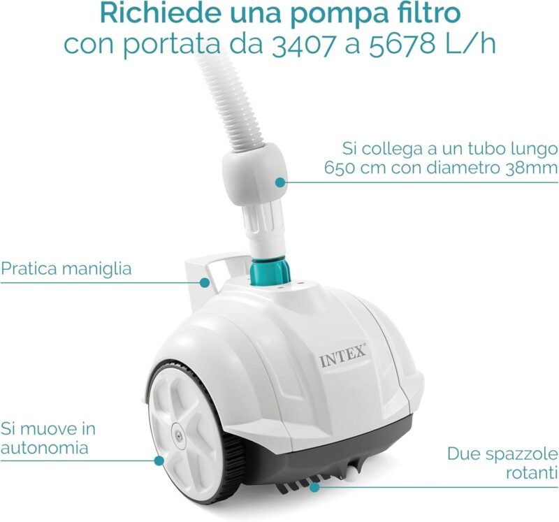 Intex 55251 - Robot limpiafondos piscina Krystal Clear ZX50, Limpiador fondo piscina automático, Manguera 6.5m antienrredos, recipiente para desechos 0,8L y giro automático, Limpiafondos piscina - Imagen 5