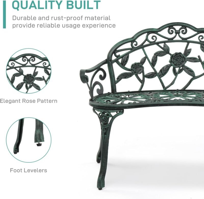 VINGLI 38.5" Patio Park Garden Outdoor Metal Rose Bench,Cast Iron Cast Aluminium Frame Antique Finish Chair,Accented Lawn Front Porch Path Yard Decor Deck Furniture for 2 Person Seat（Green&Black - Imagen 4