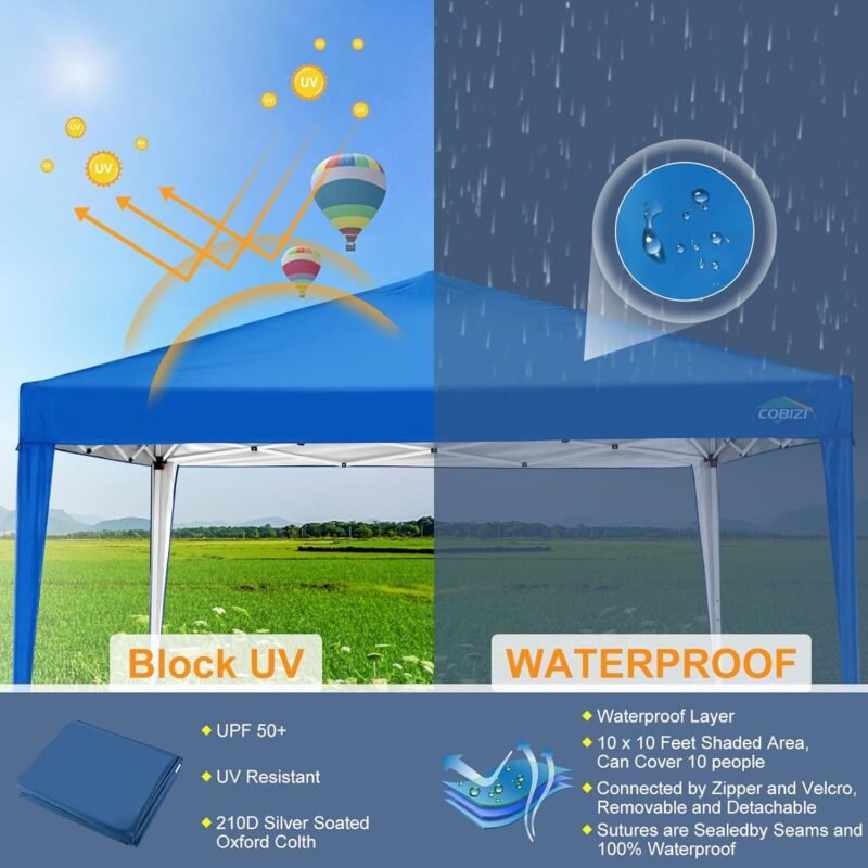 COBIZI Cenador Plegable 3 x 3 m, Impermeable, 3 x 3 m, Plegable, 3 x 3 m, Altura Regulable, con 4 Sacos de Arena (Azul - Imagen 3