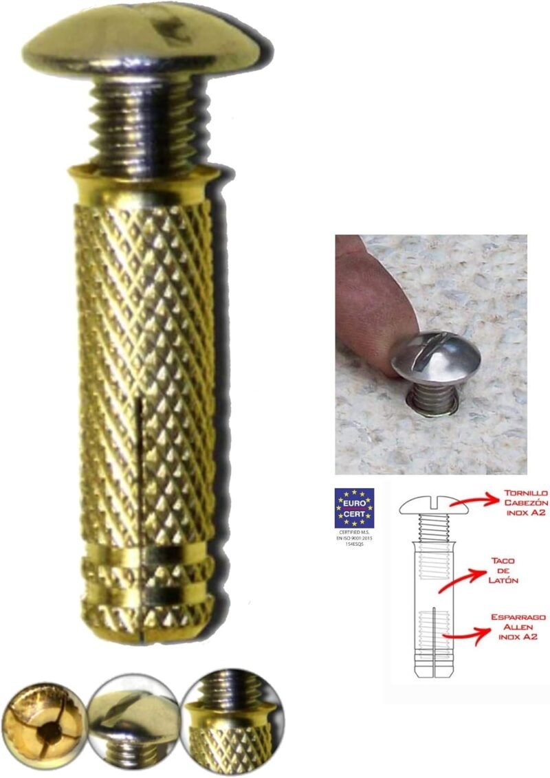 BricoLoco Tacos de Piscina de latón, Tornillo INOX A2 | Sistema de Anclaje para Lona Piscina Escamoteable con Rosca Completa. (20)