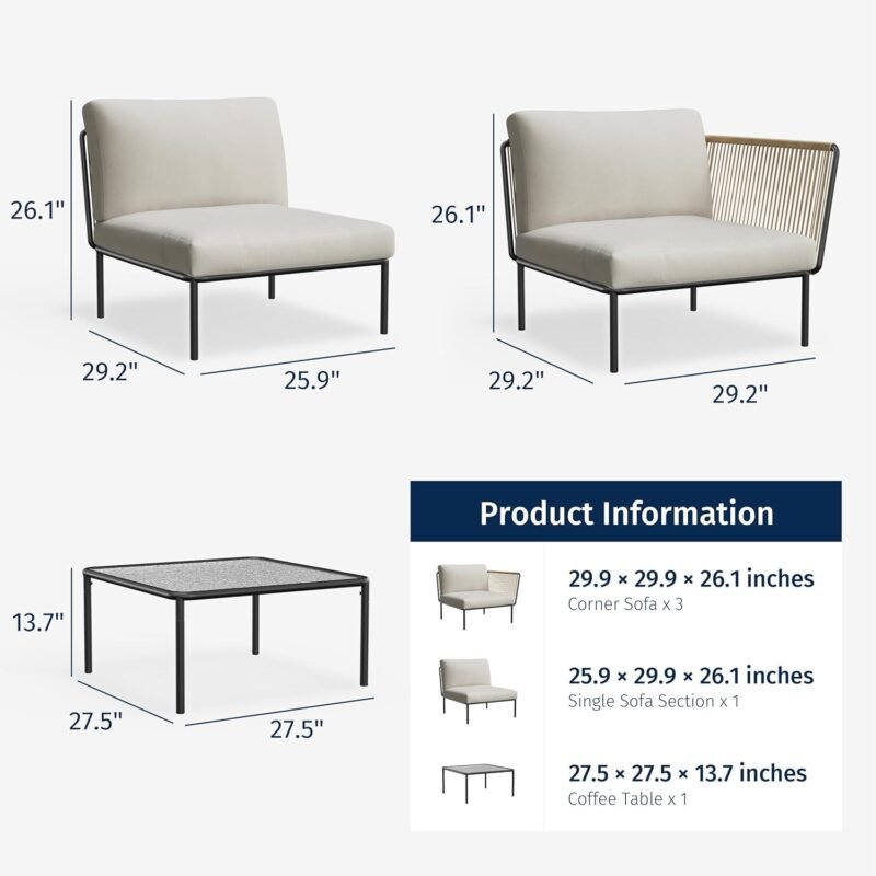 EAST OAK 5-Piece Montauk Modular Patio Furniture Set, Outdoor Corner Sofa with Cushion and Glass Coffee Table, Modern Patio Conversation Set for Garden, Backyard and Porch, Beige & Grey - Imagen 8