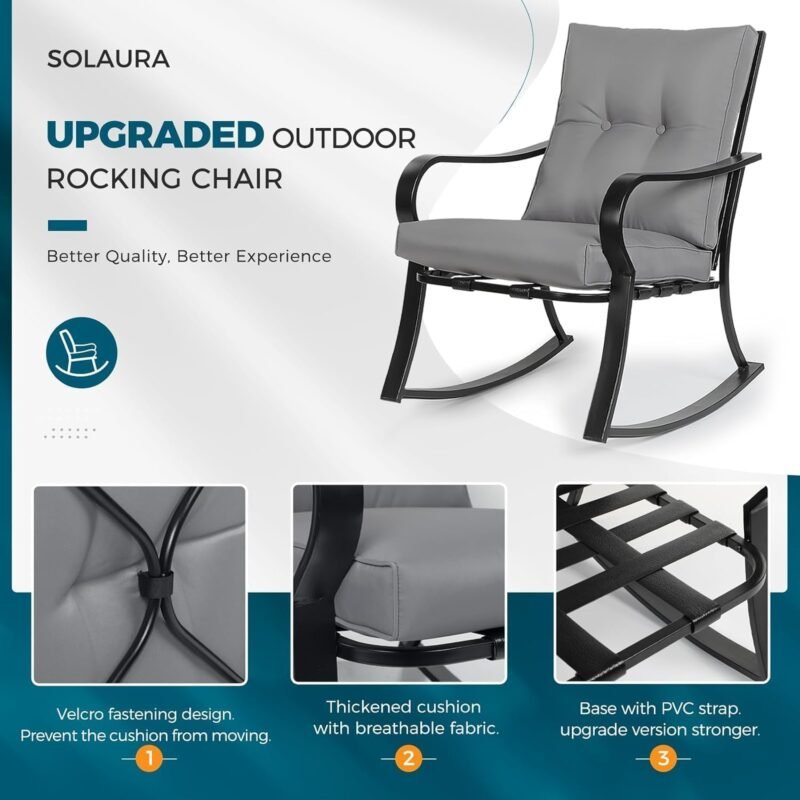 SUNCROWN Outdoor 3-Piece Rocking Chairs Patio Bistro Set Black Steel Furniture with Thickened Cushion and Glass-Top Coffee Table, Grey - Imagen 6