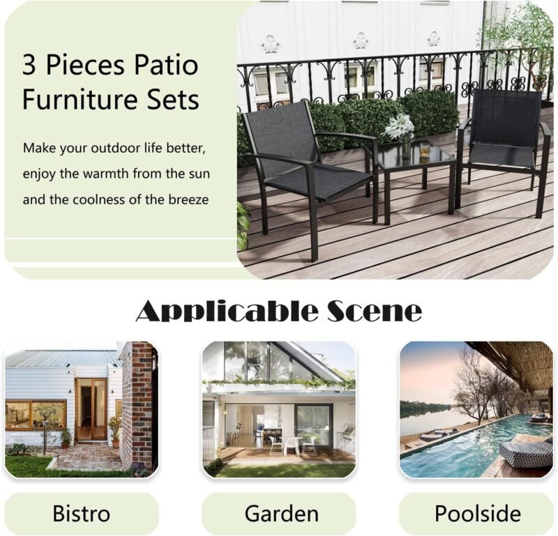 Greesum 3 Pieces Patio Furniture Set Outdoor Conversation Textilene Fabric Chairs for Lawn, Garden, Balcony, Poolside with A Glass Coffee Table, Black - Imagen 6