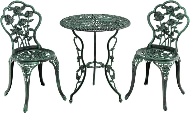 Giantex 3 Piece Bistro Set Cast Aluminum Rose Design Antique Outdoor Patio Furniture Weather Resistant Garden Round Table and Chairs w/Umbrella Hole (Rose Design)
