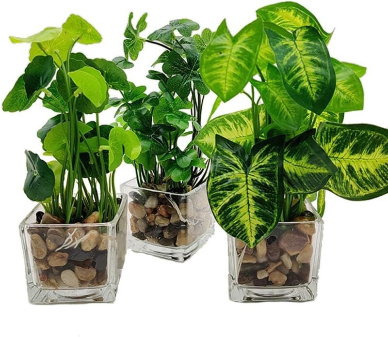 Aisamco - Juego de 3 Plantas Artificiales de imitación verdor de Mesa con macetas de Vidrio Claro, Plantas de Seda en un florero de Vidrio de imitación verdor Plantas en Maceta para decoración de