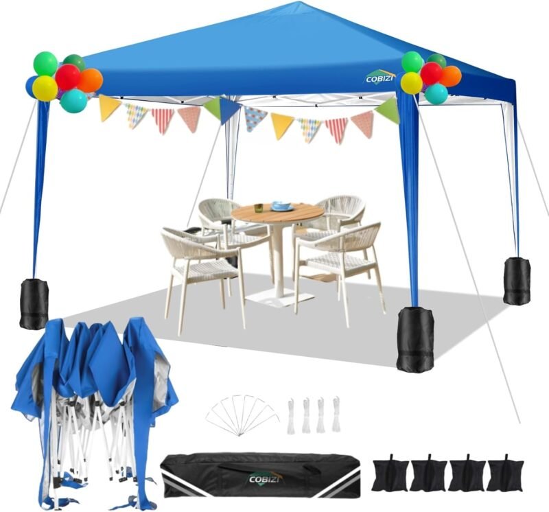 COBIZI Cenador Plegable 3 x 3 m, Impermeable, 3 x 3 m, Plegable, 3 x 3 m, Altura Regulable, con 4 Sacos de Arena (Azul