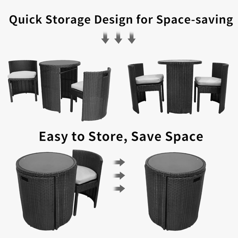 TWT 3 Pieces Aluminum Outdoor Patio Bistro Set All-Weather Wicker Patio Furniture with Tempered Glass Table & Patio Chairs for Poolside Porch Deck Apartment Black - Imagen 3