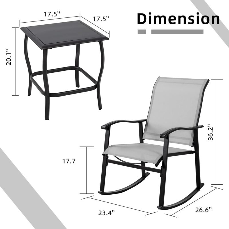 Vongrasig 3 Piece Outdoor Rocking Bistro Set, Textilene Fabric Small Patio Furniture Set, Front Porch Rocker Chairs Conversation Set with Glass Table for Lawn, Garden, Balcony, Poolside (Light Gray) - Imagen 6
