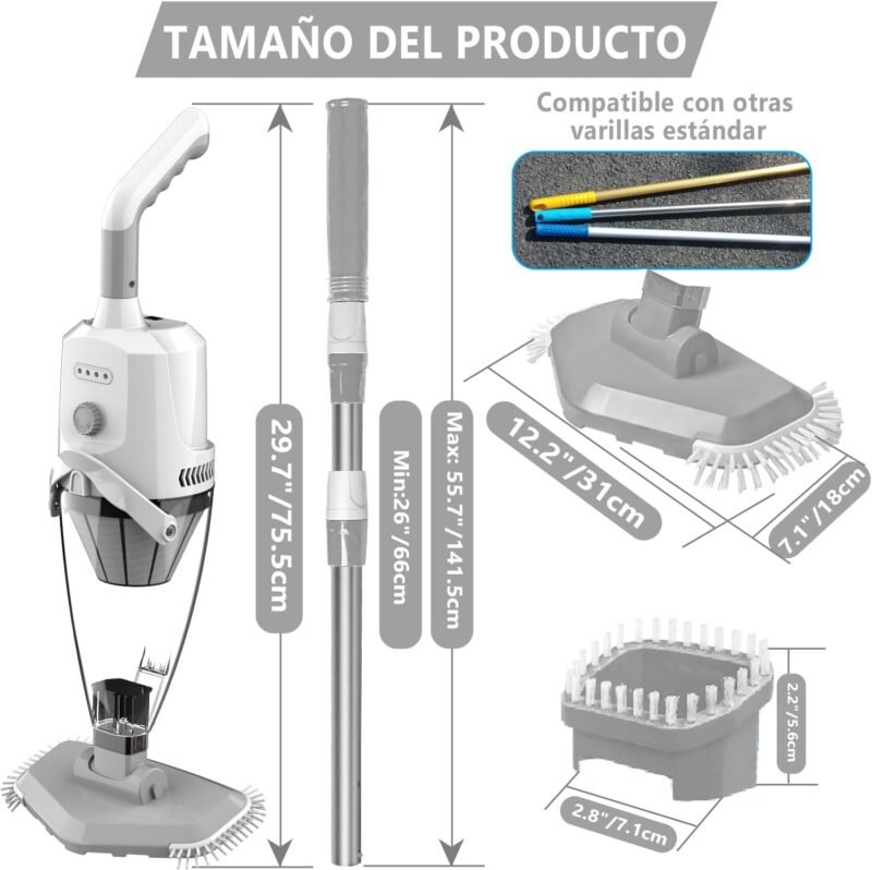 PoolyPoly Aspirador de Piscina Inalámbrica con Succión Fuerte, Limpiafondos Piscina a Bateria con Mango Telescópico, 1,8Litros de Filtro, Aspiradora Manual para Jacuzzi, SPA, Piscina, Gris - Imagen 3