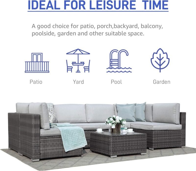 Patiorama 7 Pieces Outdoor Patio Furniture Set, All Weather Grey PE Wicker Rattan Sectional Conversation Set, Porch Garden W/Built-in Glass Table, Seat Clips, Light Grey Cushions - Imagen 7