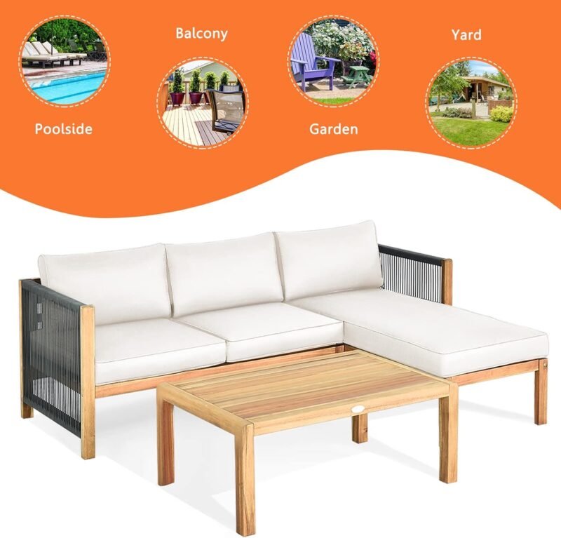 Tangkula L Shape Outdoor Furniture Set, 3 Piece Acacia Wood Patio Conversation Set, with 2 loveseats and Coffee Table, Garden Backyard Poolside Patio Seating Set (White) - Imagen 9