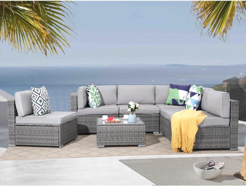 Patiorama 7 Pieces Outdoor Patio Furniture Set, All Weather Grey PE Wicker Rattan Sectional Conversation Set, Porch Garden W/Built-in Glass Table, Seat Clips, Light Grey Cushions - Imagen 9