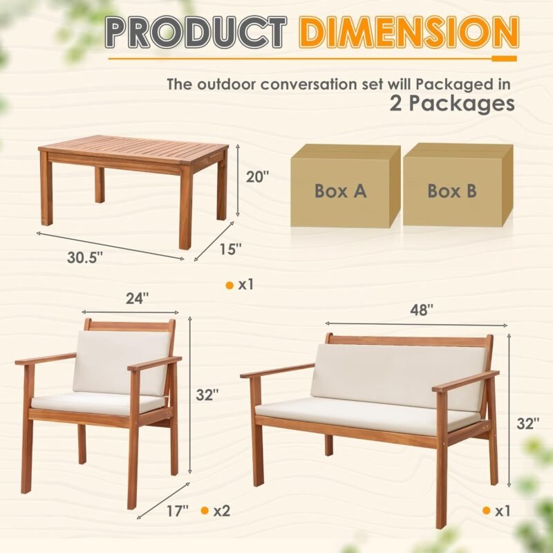 Greesum 4 Piece Bistro Patio Furniture Outdoor Chat Chair Set with Water Resistant Cushions and Coffee Table for Beach Backyard Garden, Acacia Wood - Imagen 4