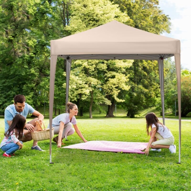 Mingone Carpa Plegable de 2x2 m para Acampar Pabellón de Jardín Protección UV Cenador Regulable en Altura para Exteriores, Fabricado en Tela Oxford, Beige con Bolsa - Imagen 7