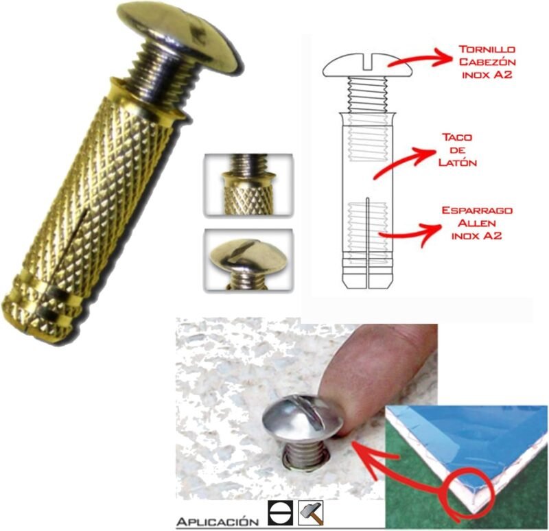 BricoLoco Tacos de Piscina de latón, Tornillo INOX A2 | Sistema de Anclaje para Lona Piscina Escamoteable con Rosca Completa. (20) - Imagen 3