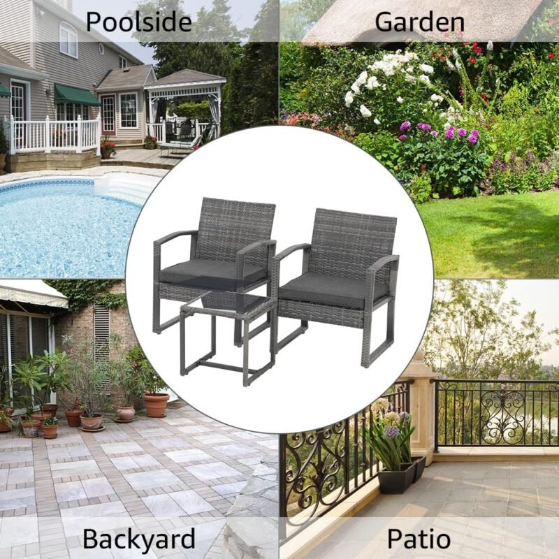 Patiorama 3 Piece Outdoor Patio Furniture Conversation Set, Rattan Chair Set With Coffee Table, For Garden, Balcony, Backyard, Poolside (Dark Grey) - Imagen 8