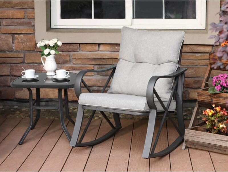 COSIEST 3 Piece Bistro Set Patio Rocking Chairs Outdoor Furniture w Warm Gray Cushions, Glass-Top Table for Garden, Pool, Backyard - Imagen 4