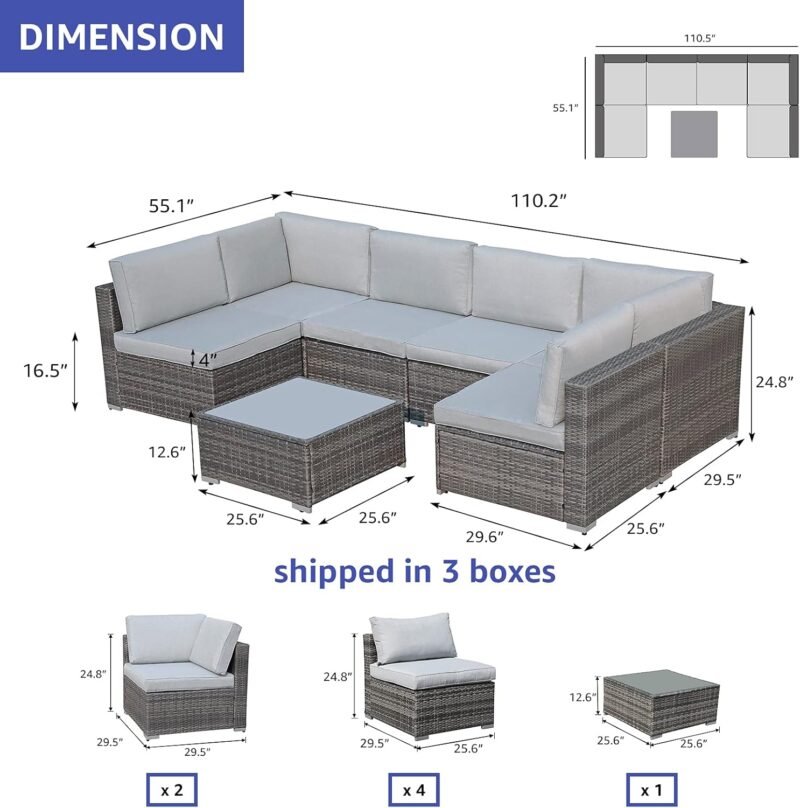 Patiorama 7 Pieces Outdoor Patio Furniture Set, All Weather Grey PE Wicker Rattan Sectional Conversation Set, Porch Garden W/Built-in Glass Table, Seat Clips, Light Grey Cushions - Imagen 5