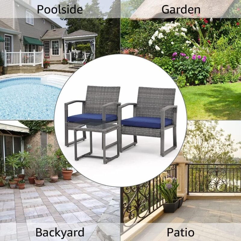 Patiorama 3 Pieces Outdoor Patio Furniture Set, Outdoor Wicker Conversation Set, Patio Rattan Chair Set, Modern Bistro Set with Coffee Table, Garden Balcony Backyard Poolside (Navy Blue) - Imagen 8