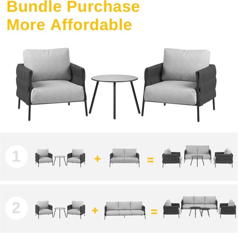 EAST OAK Life Chatter 3 Pieces Patio Furniture Set, Armchairs with Coffee Table, Modern Outdoor Sofa Set Deep Seating for Garden Porch, Earth Black & - Imagen 2