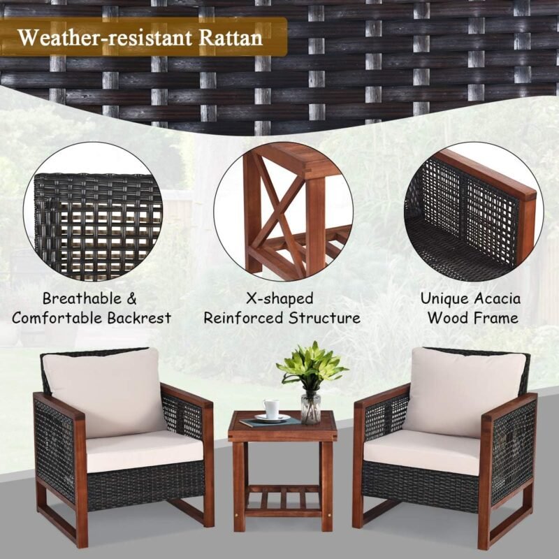 Tangkula 3 Pieces Patio Wicker Furniture Set, Rattan Outdoor Sofa Set w/Washable Cushion & Acacia Wood Coffee Table, Conversation Bistro Set for Garden Balcony Backyard (Beige) - Imagen 8