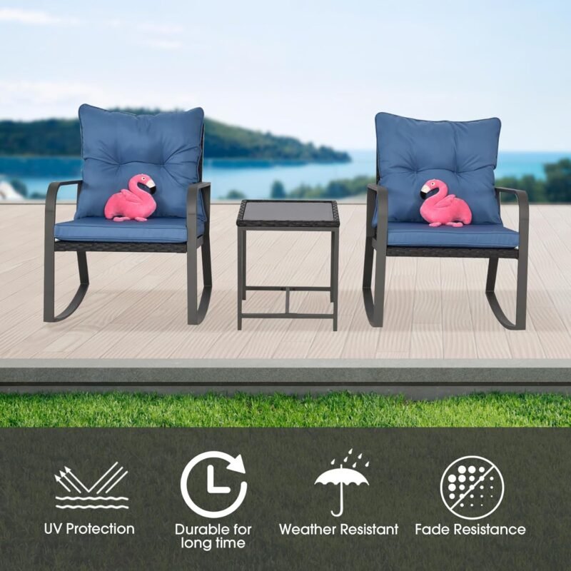 3 Pieces Patio Bistro Set Outdoor Rocking Chair w Cushion for Yard Garden Poolside (Blue) - Imagen 7
