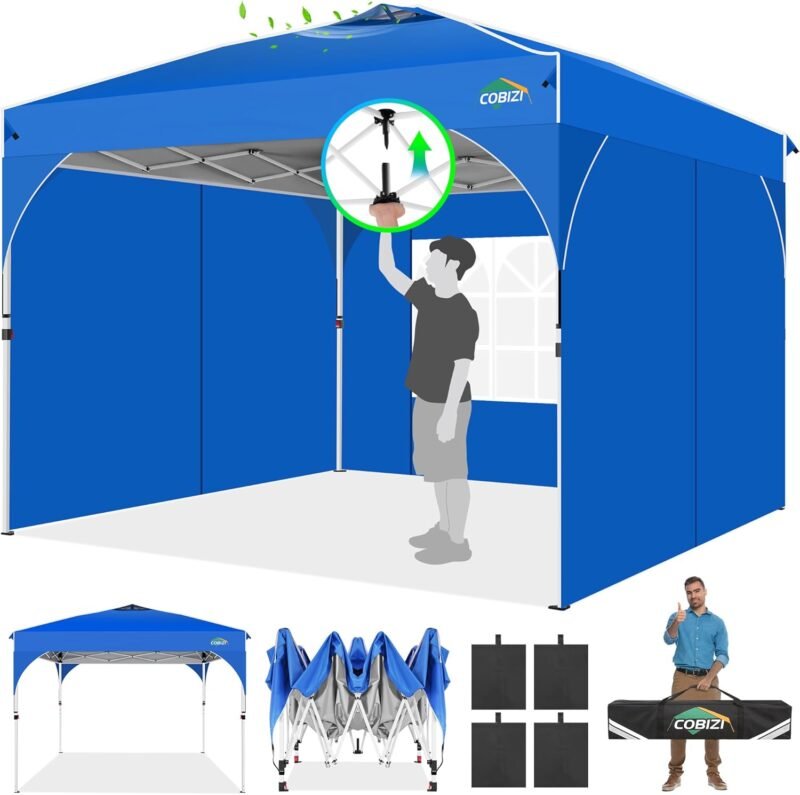 COBIZI Cenador Plegable de 3 x 3 m, Resistente al Agua, Estable, Resistente al Invierno, para Fiestas, jardín, 3 Paneles Laterales, Plegable, para Camping, Festivales, Jardines, Playas, Negocios, 4