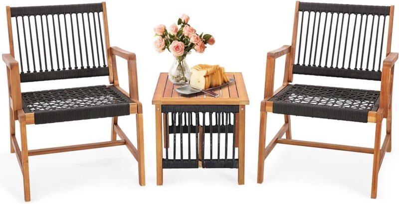 Tangkula 3 Pieces Acacia Wood Outdoor Furniture Set, All-Weather Rope Woven Bistro Set with Armchairs and Coffee Table, Patio Conversation Set for Front Porch, Deck, Balcony