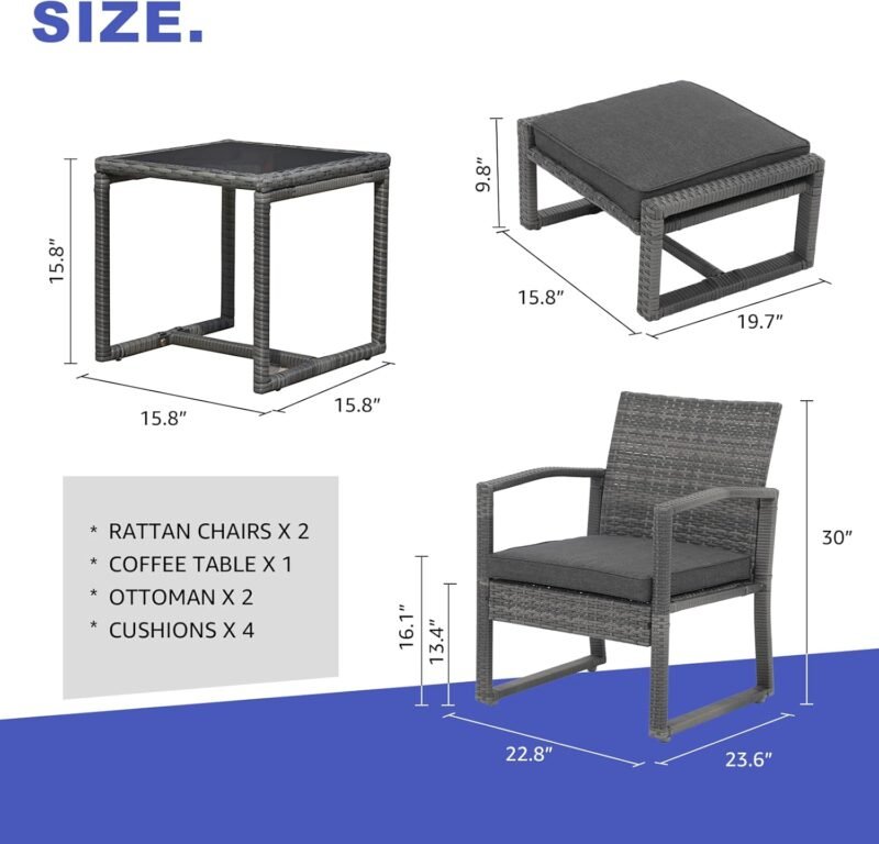 Patiorama 5 Piece Outdoor Patio Wicker Furniture Set, All Weather Grey PE Rattan Chair and Ottoman Footstool Set, W/Coffee Table, Cushions (Dark Grey) for Garden, Balcony, Porch, Space Saving Design - Imagen 4